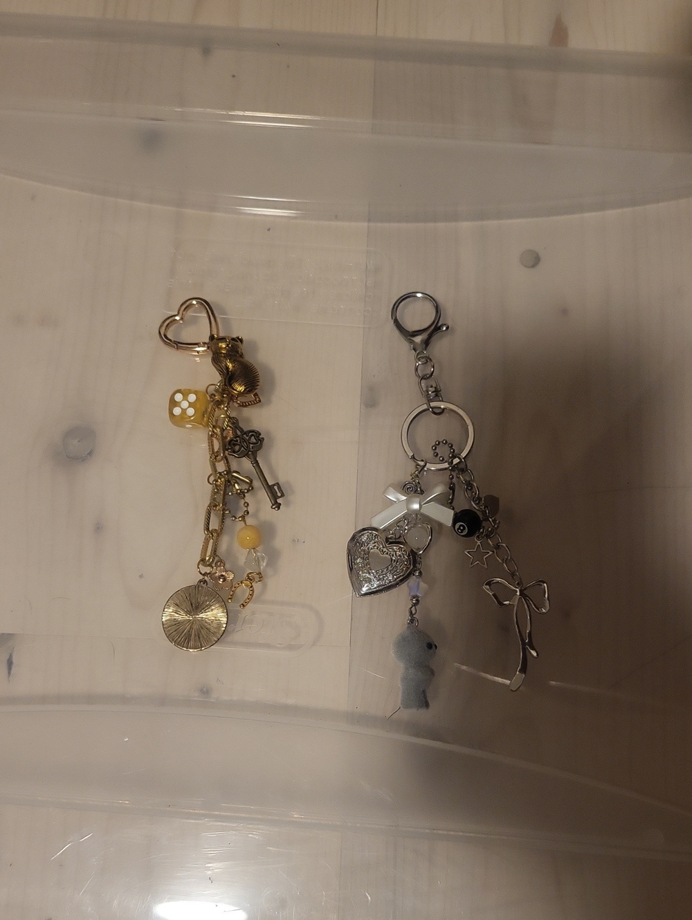 Gold and Silver Charm Keychain Duo - Heart, Key & Bow Charms 2pc Bundle
